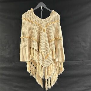 Women's Knit Hooded Poncho with Fringe Hem in Tan